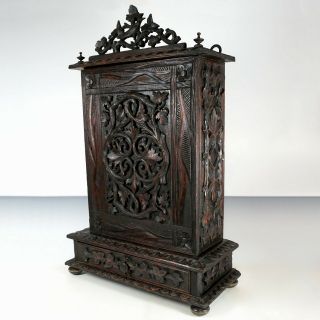 27 " Antique Victorian Black Forest Carved Wood Specimen Curiosity Cabinet Box
