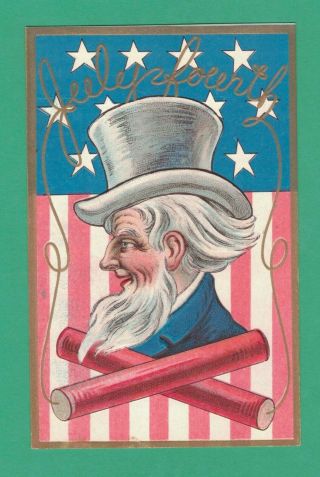 Vintage July 4th Patriotic Postcard Uncle Sam Flag Fireworks