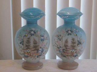 Antique Harrach Or Bristol Hand Painted Glass Vase Pair Exceptional Ex