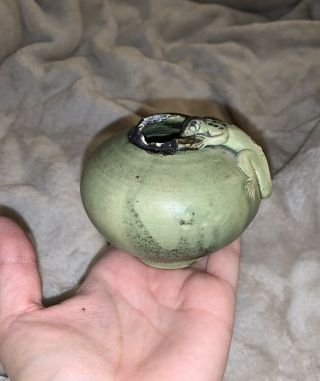 Weird Small Green Clay Bowl Vase With Lizard Iguana Pottery