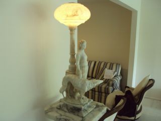 Antique C.  1915 Belle Epoque Italian Alabaster Lamp Woman And Hound Sculpture