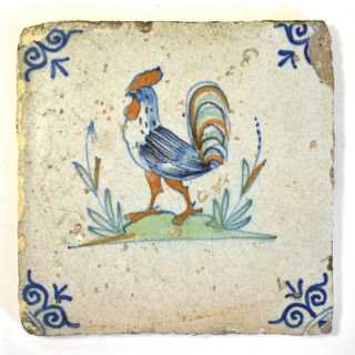 Antique 17th Century Dutch Delft Polychrome Faience Tile - Rooster - 5 " Sq.