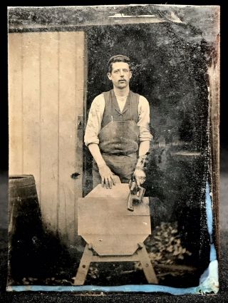 Rare 1/6 Plate Outdoor Occupational Tintype - Woodworker - Table & A Wood Plane