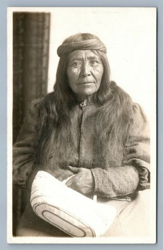 American Indian Old Lady W/ Basket Antique Real Photo Postcard Rppc Oregon