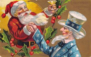 Christmas Greetings Santa Claus And Uncle Sam Vintage Postcard Aa24566