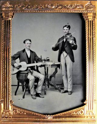 Antique 1/4 Plate Tintype Twin Musician Brother Men Music Violin Portrait Photo