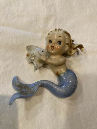 Vintage Norcrest Ceramic Mermaids Holding Fish Wall Plaque Figurines 4.  5 X 5