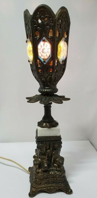 Antique Art Nouveau Bronze Brass Art Deco Cherubs Crystal Lamp Victorian Tall