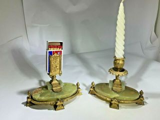 Antique French Empire Set Dore Bronze & Green Marble Candle & Match Holder