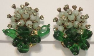 Vintage Miriam Haskell Beaded Green Art Glass Rhinestone Earrings