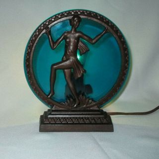 Rare Antique Bronze - Tone Art Deco Elegant Dancing Lady Accent Lamp W/blue Disc