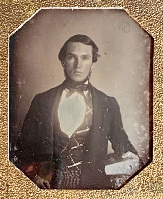 Early Daguerreotype Paper Mat Young Man Holding Book Whole Case 6th Plate