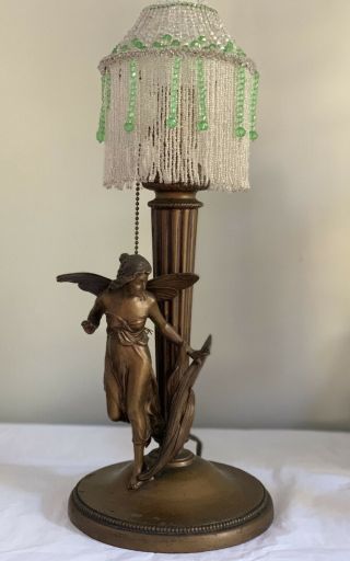Antique Art Nouveau Patinated Bronze French Figural Fairy Lamp Czech Shade