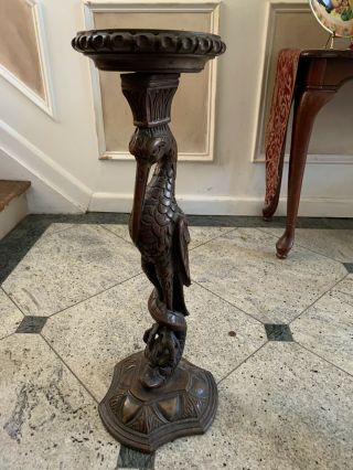 Antique Hand Carved Wooden Plant Stand With Swan Pedestal