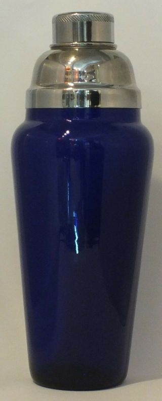 Vintage Cobalt Glass Cocktail Shaker Having A Chrome Lid With Center - Pour Spout