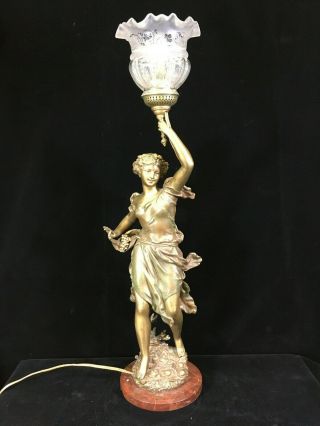 French Bronzed Spelter Figural Maiden Lamp Signed Rancoulet - Circa 1885