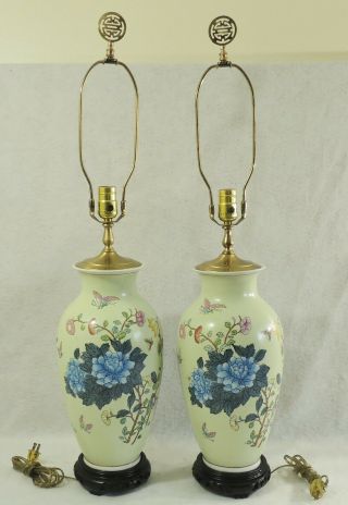 Pair Antique/vtg Chinese Asian 33 " Porcelain Flowers Birds Vase Table Lamps