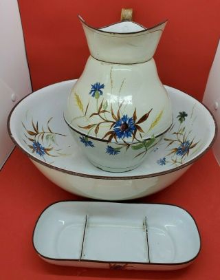 Vintage Enamelware Enamel Pitcher,  Wash Bowl Basin And Soap Dish Floral Painted