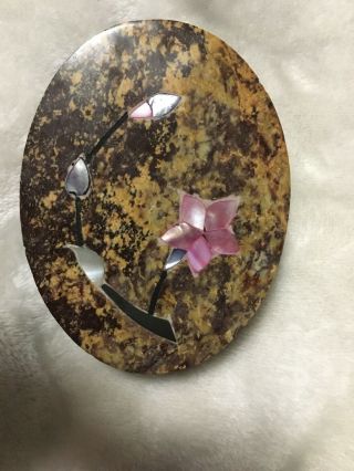 Vintage Oval Soapstone Trinket Box With Mother Of Pearl Inlay 4.  23”x3.  25”