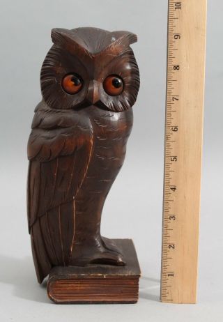 Antique 1920,  Carved Wood Rolling Eye Owl Book Novelty Clock Sculpture,  Nr