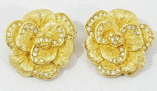 Vintage Christian Dior Gold Tone Rhinestone Flower Design Clip On Earrings