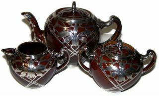 Antique Lenox Belleek Art Nouveau Sterling Silver Orchid Overlay Tea Set Dk Red