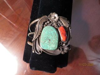 Vintage Navajo Silver Bracelet With Turquoise And Coral