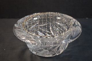 Antique American Wheel Cut Crystal Bowl With Metal Wire Flower Frog