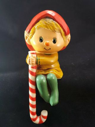 Cute Hallmark Elf Shelf Christmas Card Stocking Holder Vintage 1984 Candy Cane