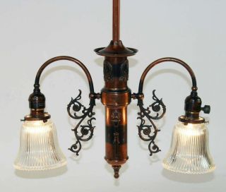 Victorian Japanned Copper Finish 2 Light Pendant Light Fixture W/glass Shades