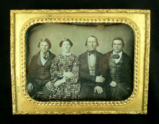 Antique Half Plate Daguerreotype Family Of 4 With Odd Startled Woman Vintage