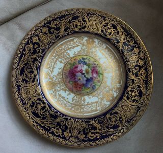 Royal Worcester Hand Painted Floral Cobalt Gold Cabinet Plate Signed E.  Phillips