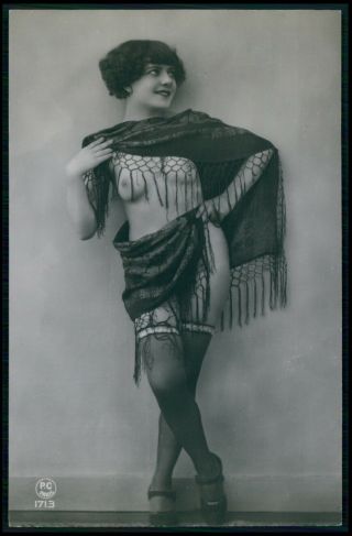 French Nude Woman With Spanish Shawl 1920s Old Rppc Photo Postcard