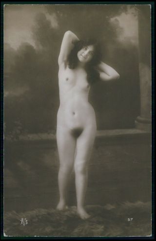 French Full Nude Brunette Woman C1910 - 1920s Old Rppc Photo Postcard
