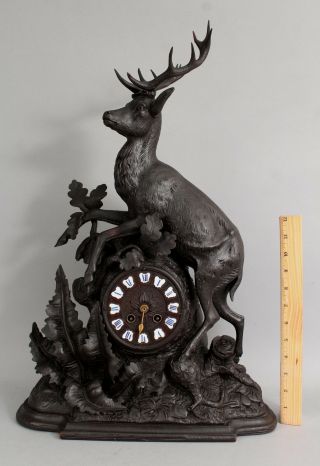 Antique 19thc Carved Walnut Black Forest Mantle Hunting Bull Elk Clock Nr
