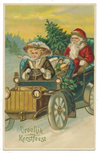 Rare Christmas Postcard - Lady Chauffeurs Santa Claus In Old Car