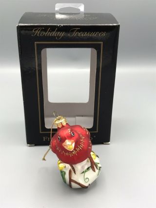 Vtg 2003 Fitz & Floyd Blown Glass Christmas Ornament Red Bird On Branch W/ Box