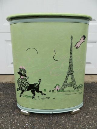Vintage Mid - Century Green Paris Poodle Laundry Hamper Wicker Pearl Wick Mcm