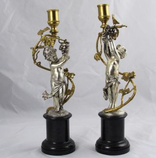 Antique Pair Gilt Bronze & Silver Plate Putti Cherub Candle Sticks Holders