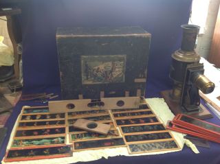 Antique Magic Lantern Slide Projector With 26 Comical Slides And