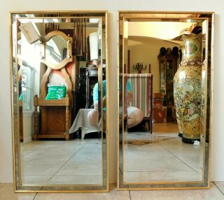 Large Pair Vintage 38 " Labarge Faux Bamboo Gold Gilt Wood Beveled Wall Mirrors