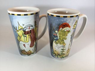 2 Cups - Christmas Stoneware Coffee Tea Cup Mug Frosty Snowman Snow 6” Tall