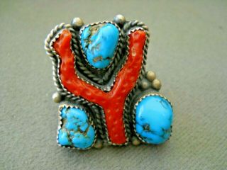 Vintage Southwestern Navajo Branch Coral Turquoise Sterling Silver Ring 7.  25