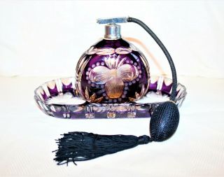 Vintage Bohemian Amethyst Crystal Cut To Clear Atomizer Perfume Bottle,  Dish