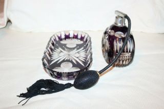 Vintage Bohemian Amethyst Crystal Cut to Clear Atomizer Perfume Bottle,  Dish 2