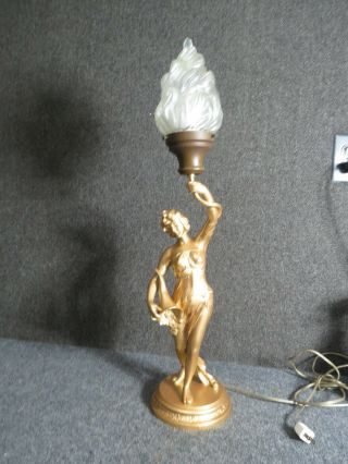 Antique Figural Art Nouveau Newel Post Lamp Woman With Flame Glass Shade