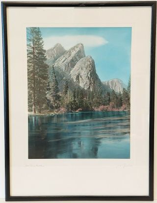 Vintage Jm Garrison Signed Hand Tinted Photo Yosemite " The Three Brothers "