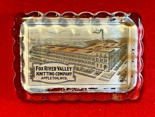 L4) Vintage Fox River Valley Knitting Co Appleton Wis Wi Paperweight Glass Sign