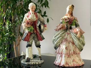 Vintage Porcelain Pair Figurines Man & Woman 16 " Made In Italy,  Signed