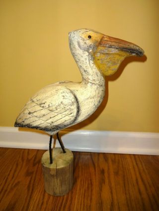 Vintage Folk Art Pelican Hand Carved Wood 17.  25 " Tall Great Patina Outsider Art